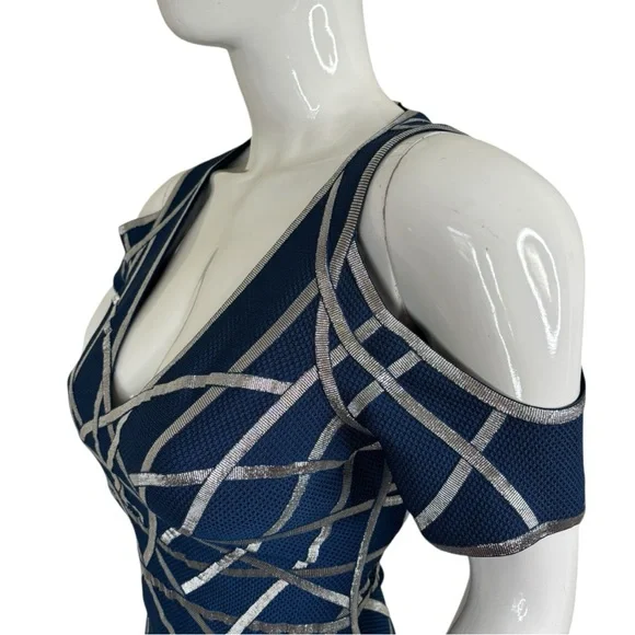 HERVE LEGER VERONIKKA CAGED STRAPPY SEXY RARE COLD-SHOULDER FLUTE DRESS Sz L - Picture 16 of 17